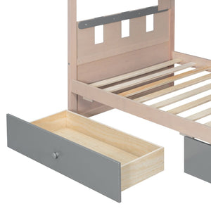 English Elm Twin Castle Bunk Bed with Led Lighting Built-in Shelf and Storage Drawers for Kids Gray LT000158AAE