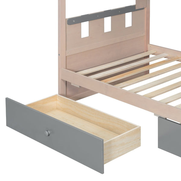 English Elm Twin Castle Bunk Bed with Led Lighting Built-in Shelf and Storage Drawers for Kids Gray LT000158AAE