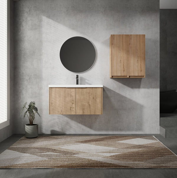 English Elm 36" Wall-Mounted Bathroom Vanity With Sink & Side Cabinets – Modern Soft-Close Design & Storage Solutions W999S00223