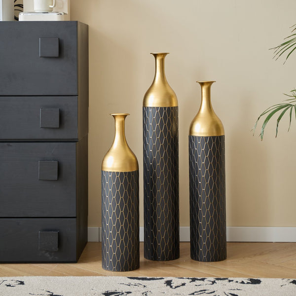 English Elm Black Black and Gold Metal Vase Set of 3 Tall Cylinder Floor Vases – Glam Textured Wedding & Home Décor W2796P278078
