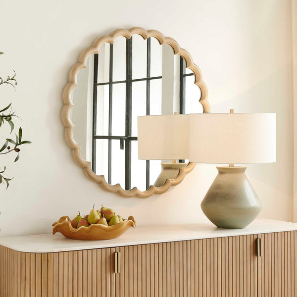Uttermost Cerrito Scalloped Solid Wood Round Mirror with Antiqued Ivory Burnished Finish