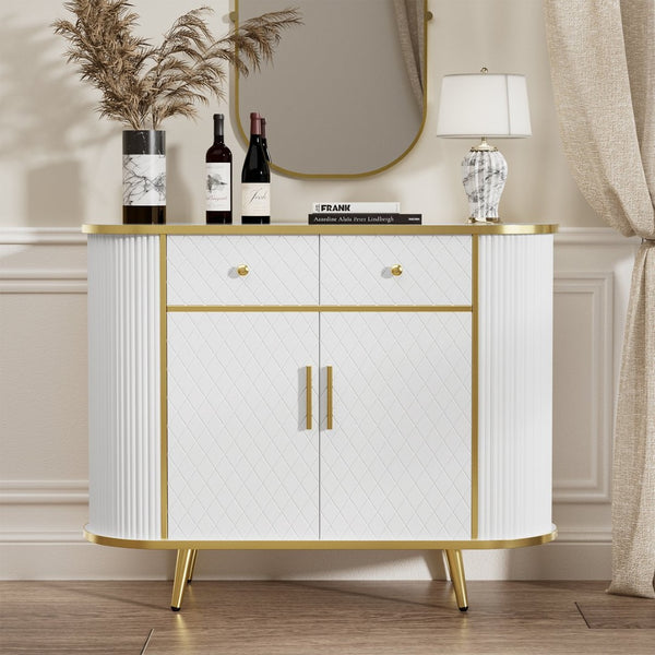 English Elm Luxury Fluted Curved Sideboard with Golden Legs Sculptural White Storage for Entryway T3773P417294