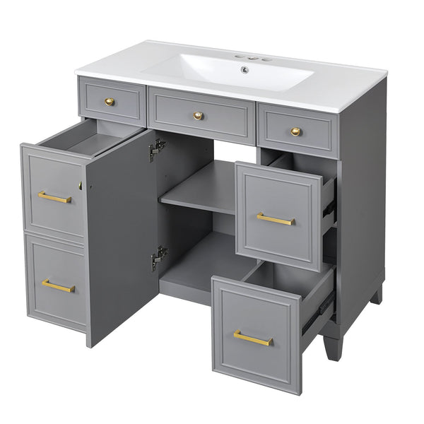 English Elm 36" 36-inch Transitional Bathroom Vanity with Ceramic Basin, Solid Wood Frame, Soft-Close Storage Elegance Grey N729P255663E