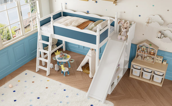 English Elm Twin Loft Bed Solid Pine Frame with Wardrobe Shelving Detachable Slide Kids Room White+Blue W5305S00019
