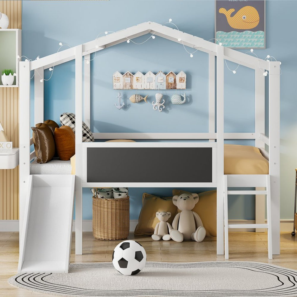 English Elm Twin House Loft Bed with Slide Chalkboard Panel and Led Roofline for Kids White WF324323AAK