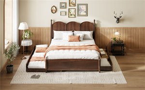 English Elm Queen Size Platform Bed With Twin Xl Trundle & 2 Spacious Drawers - Elegant Walnut Design Upgrade N820S00025D-GIGA