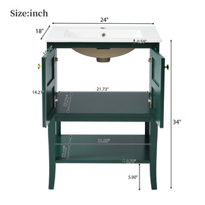 English Elm 24'' Retro Green Bathroom Vanity with Glossy Resin Basin, Solid Wood Feet, Soft-Close Doors, Ample Storage, Metal Handles (Modern) WF324870AAF
