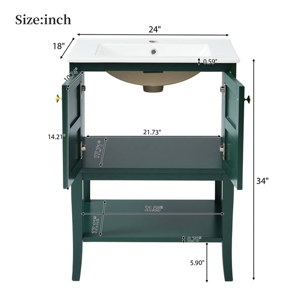 English Elm 24'' Retro Green Bathroom Vanity with Glossy Resin Basin, Solid Wood Feet, Soft-Close Doors, Ample Storage, Metal Handles (Modern) WF324870AAF