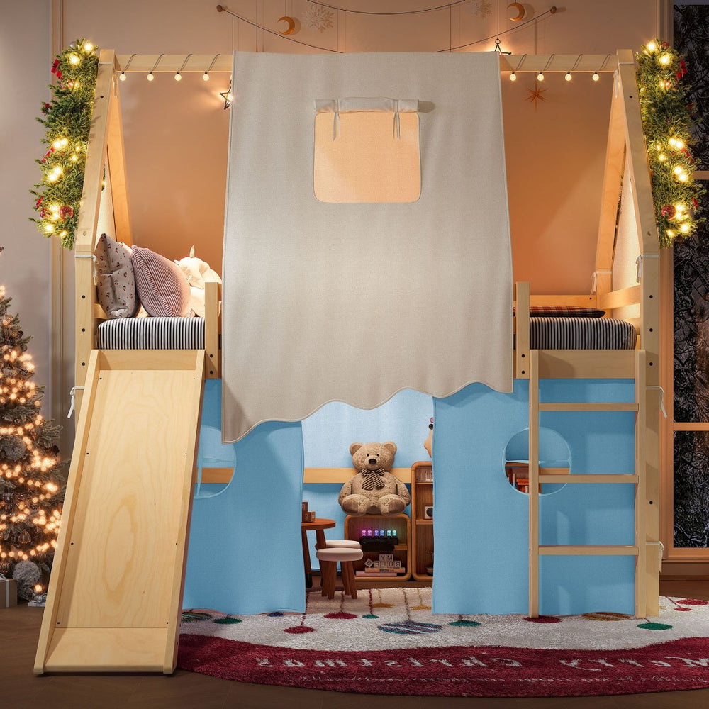 English Elm Full Size Pine Loft Bed with Slide Tent Panels Led Lights and Play Space Below W1580S00292