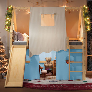 English Elm Full Size Pine Loft Bed with Slide Tent Panels Led Lights and Play Space Below W1580S00292