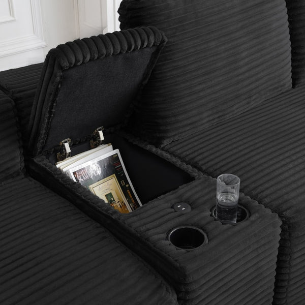 English Elm 125'' Modular L-shape Sectional Corduroy Cloud Couch with Storage and Usb Charging Black W1117S00420