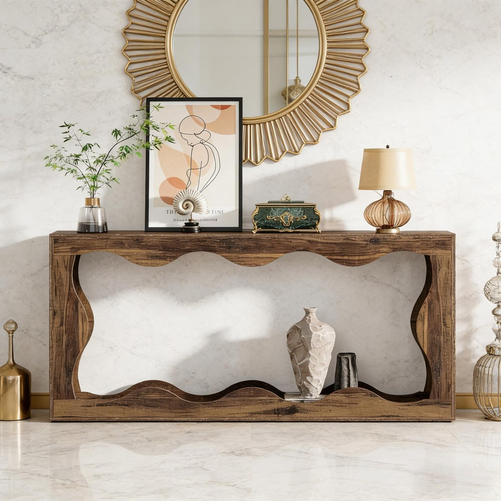 English Elm Wood Solid Fir Console Table Handcrafted Farmhouse Style for Entryway or Sofa Rustic Brown T3971P446942
