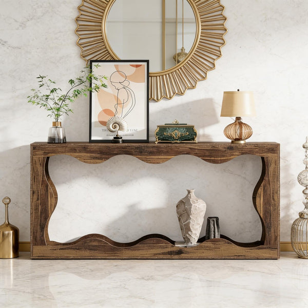 English Elm Wood Solid Fir Console Table Handcrafted Farmhouse Style for Entryway or Sofa Rustic Brown T3971P446942
