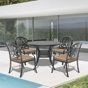 English Elm 5-Piece Cast Aluminum Patio Furniture Set With Brown Cushions For Cozy Outdoor Dining & Relaxation W1710S00068