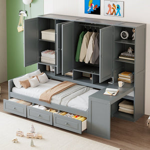 English Elm Twin Size Wooden Daybed With Integrated Desk, Storage Drawers, And Shelves - Stylish Gray Design! N820S00054E-GIGA