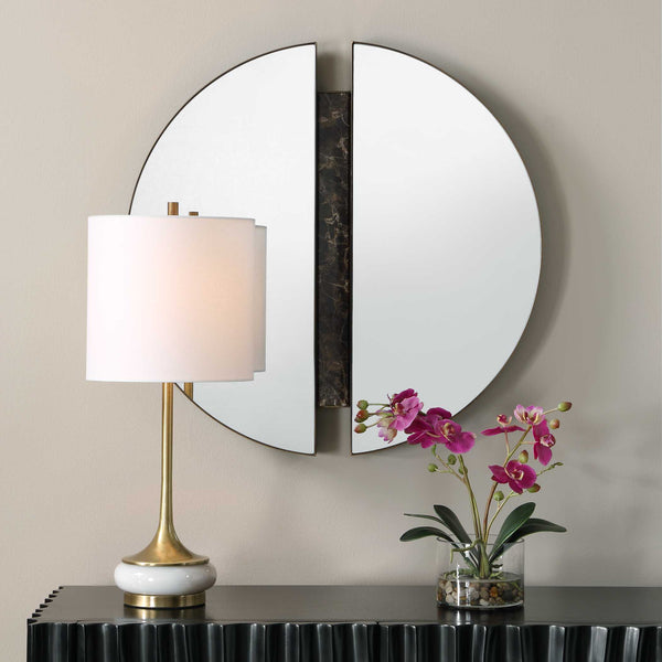 Uttermost Hanover Round Wall Mirror Dark Bronze Iron Marble Inlay Contemporary Decor
