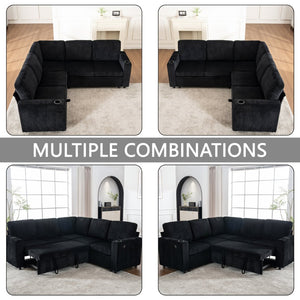 English Elm Sectional Corduroy Sleeper Sofa with Storage and Charging Ports for Small Spaces Black W1361S00078