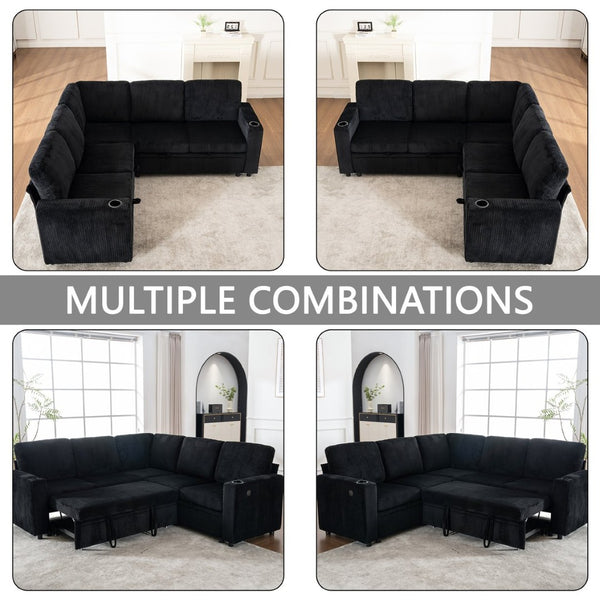 English Elm Sectional Corduroy Sleeper Sofa with Storage and Charging Ports for Small Spaces Black W1361S00078