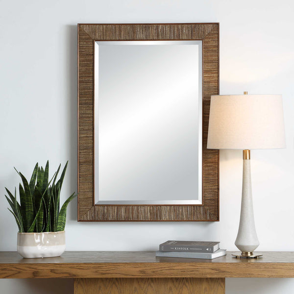 Uttermost Aldous Solid Walnut Jute Inlay Wall Mirror Organic Artisan Accent