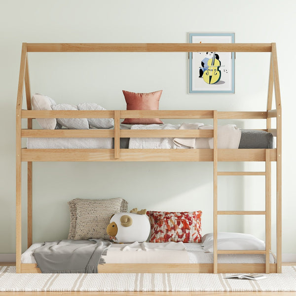 English Elm Twin Rubber Wood Floor Bunk Bed House-Shaped Design with Ladder Guardrails Sturdy Low-Profile Retreat White+Oak W504P206866