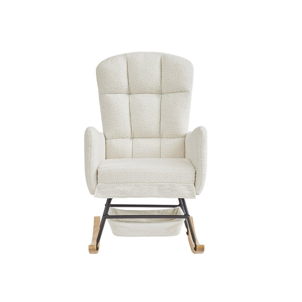 English Elm Beige Plush Teddy Fabric Rocking Chair High Back Armchair for Nursery or Reading Nook Beige W3985P386790