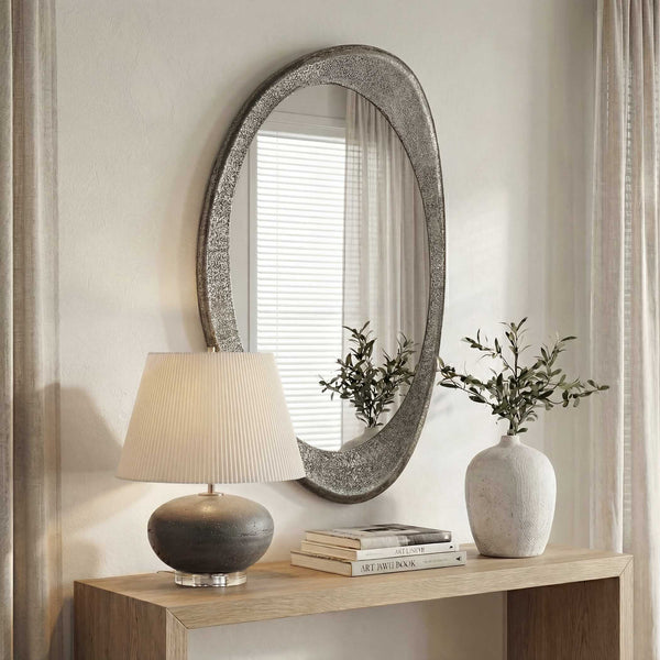 Uttermost Schiller Oval Cast Aluminum Mirror with Antique Nickel Pitted Finish