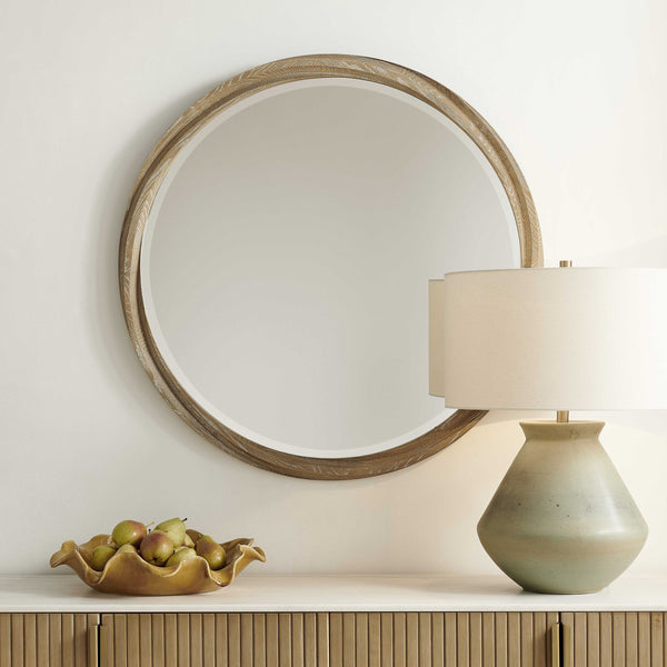 Uttermost Landry Natural Cerused Wood Round Mirror with Sculptural Twisted Frame