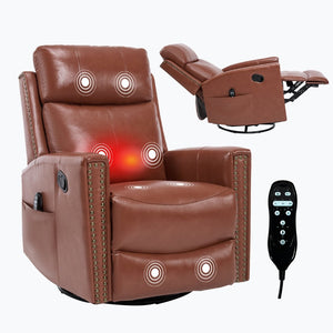 English Elm Red Genuine Leather Swivel Rocker Recliner with Massage Heat for Living Room W1803P323709