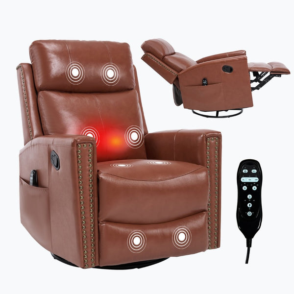 English Elm Red Genuine Leather Swivel Rocker Recliner with Massage Heat for Living Room W1803P323709