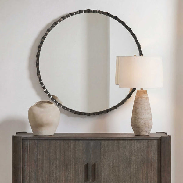 Uttermost Grander Scalloped Cast Aluminum Round Mirror with Charcoal Pitted Frame