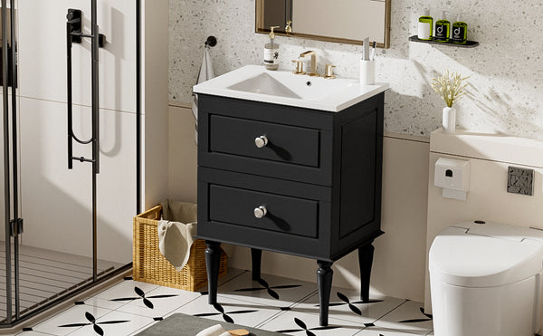 English Elm 24'' French-Style Bathroom Vanity with Ceramic Sink, Black Long Legs, 2 Drawers, Moisture-Resistant Elegance N710P195621B