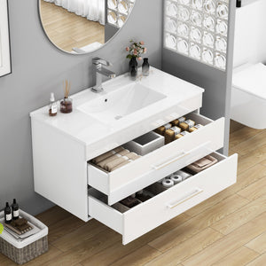 English Elm 36-Inch Modern Wall-Mounted Bathroom Vanity With Soft-Close Drawers & Glossy White Ceramic Sink W3151S00050