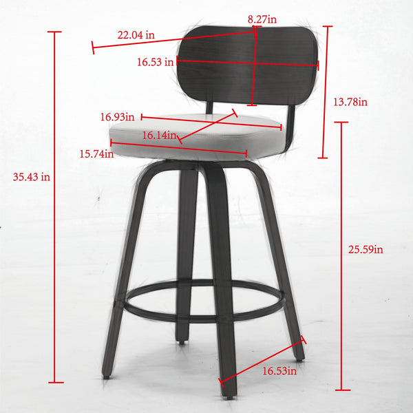 English Elm Swivel 26" Upholstered Counter Stools Set of 2 with Walnut Bentwood Back, PU Comfort Seat & Swivel Footrest Beige W1143P300154