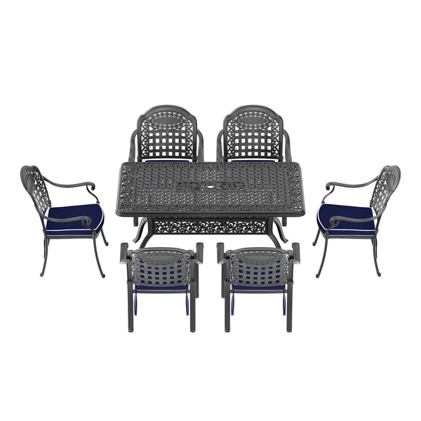 English Elm 7-Piece Cast Aluminum Patio Dining Set With Umbrella Hole & Blue Cushions For Stylish Outdoor Meals W1710S00493