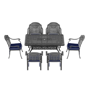 English Elm 7-piece Cast Aluminum Outdoor Dining Set Ornate Carved Patio Furniture Blue Cushions W1710S00583