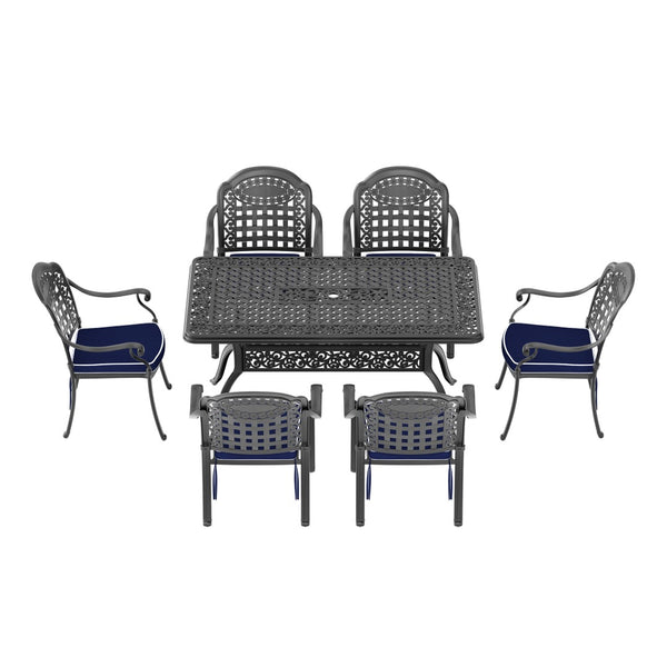 English Elm 7-piece Cast Aluminum Outdoor Dining Set Ornate Carved Patio Furniture Blue Cushions W1710S00583