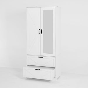 English Elm 2 Door White Wardrobe Closet with Mirror Hanging Rod Drawers and Auto Interior Light W409P167477