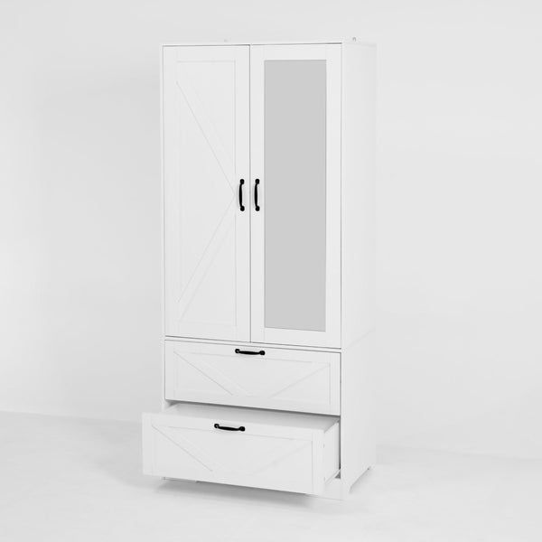 English Elm 2 Door White Wardrobe Closet with Mirror Hanging Rod Drawers and Auto Interior Light W409P167477