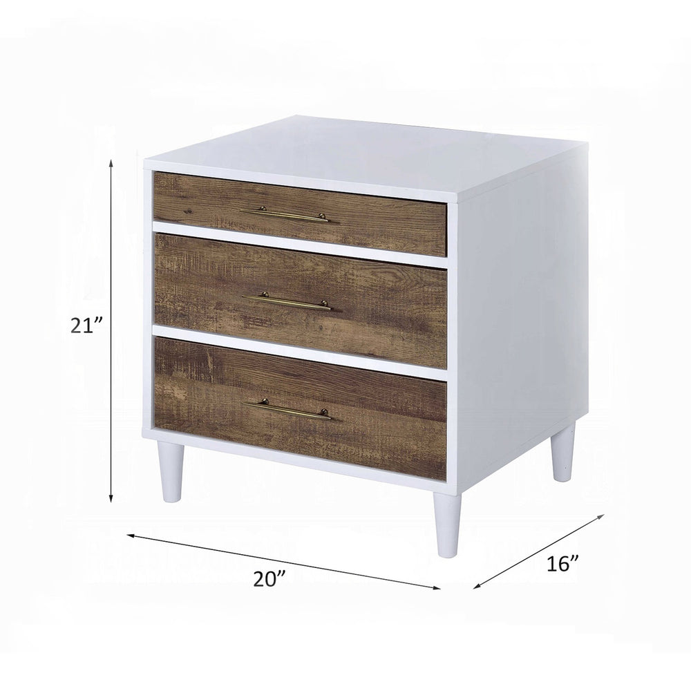English Elm Two-tone 3-Drawer Nightstand with Round Tapered Legs, Spacious Storage & Weathered Oak Fronts for Bedrooms Brown Oak,White B016P256489