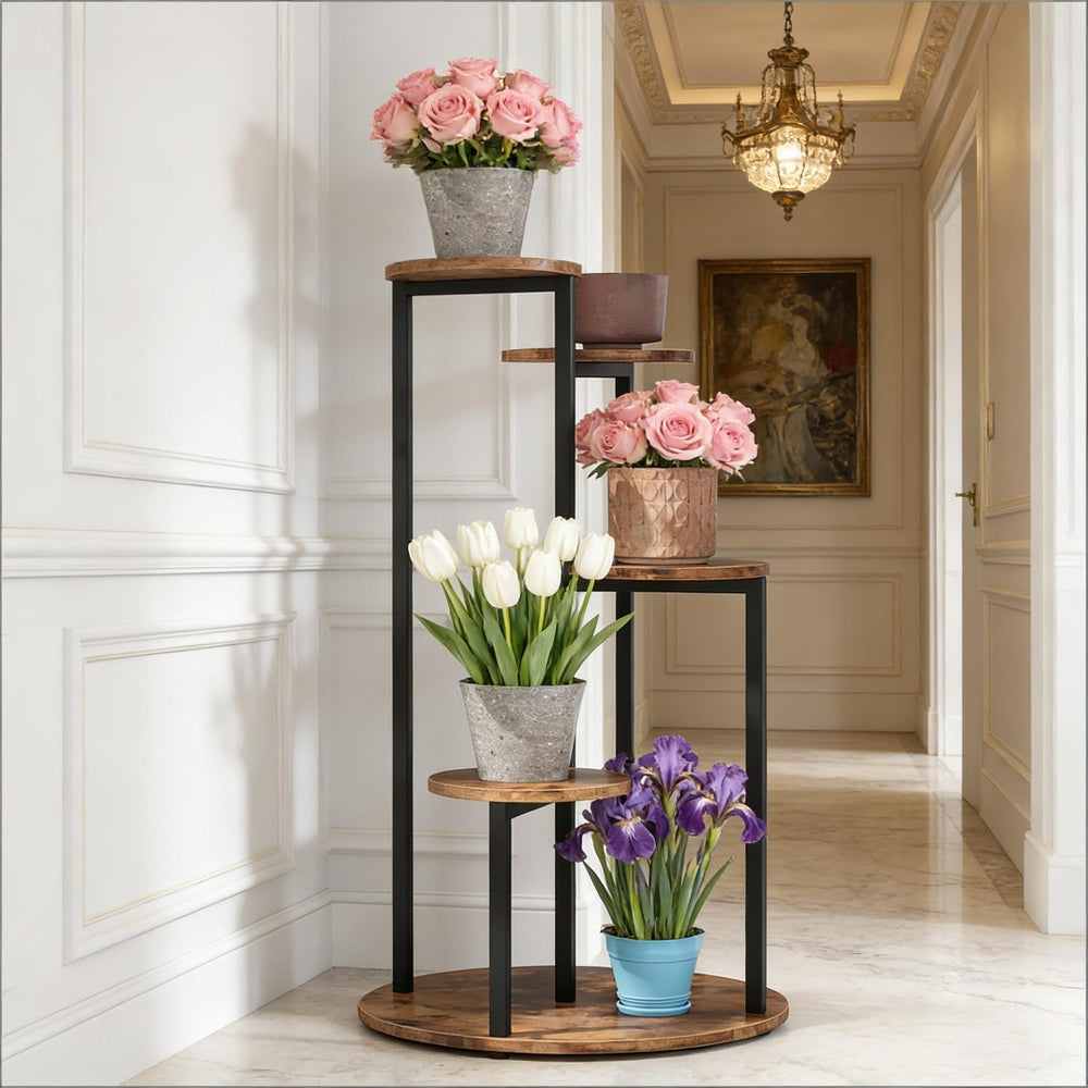 English Elm Sturdy Rotating Corner Plant Stand Four Tier Metal Frame for Indoor Living Spaces T3971P458237