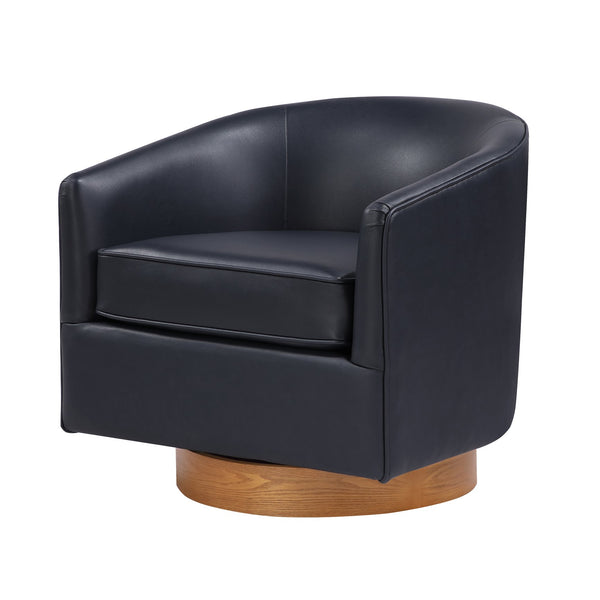 English Elm Maisy Barrel Swivel Chair in Midnight Blue Faux Leather with Wooden Base, Pocket Coil Comfort B050P322574