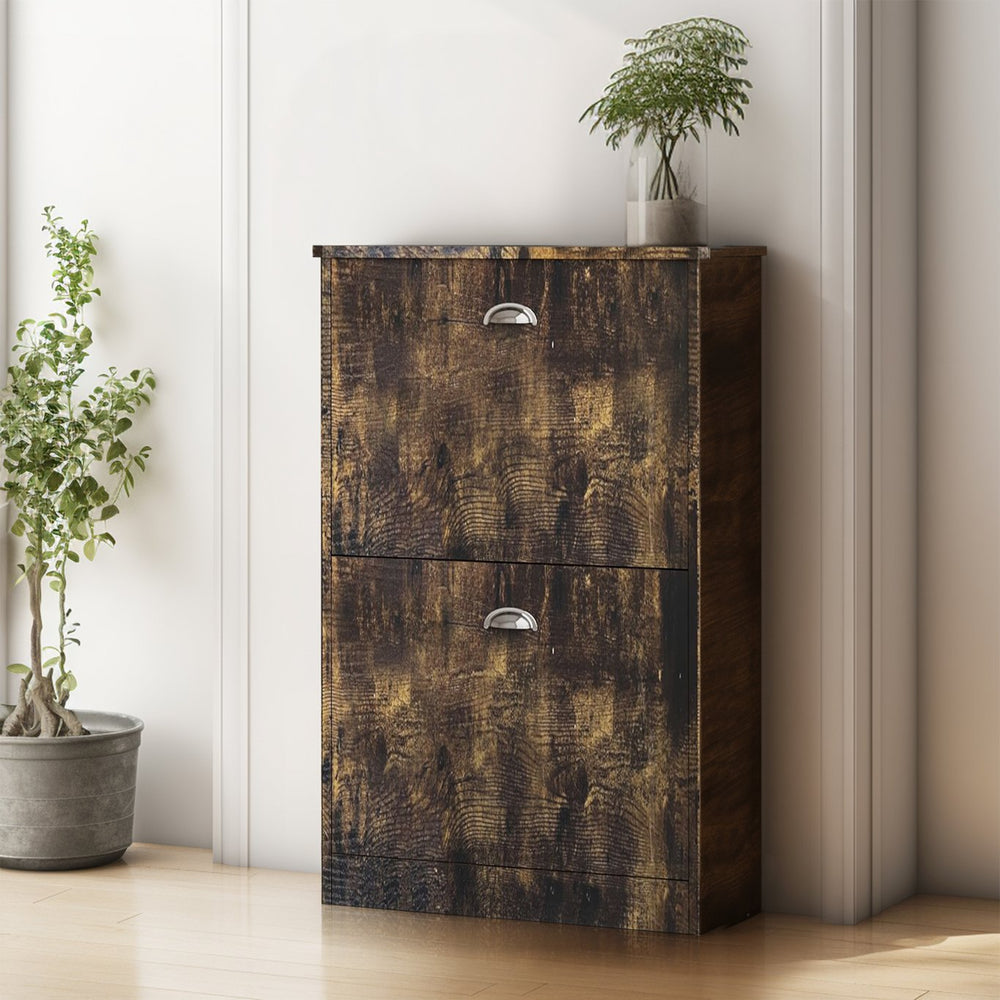 English Elm Shoe Cabinet Vintage Slim Flip-Top Shoe Rack with 2 Adjustable Shelves, Anti-Tip, Entryway Storage W2386P214943