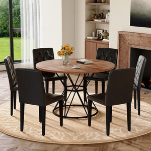 English Elm Table and Chair Set 7 Piece Round Walnut Mdf Industrial Dining with Pu Seats W1151S04848
