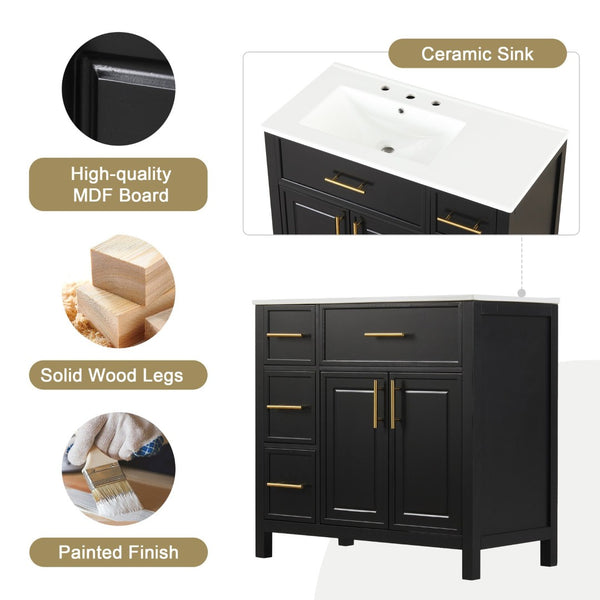 English Elm 36" Matte Freestanding Bathroom Vanity Solid Wood Cabinet Ceramic Sink Three Drawers Black N725P364205B