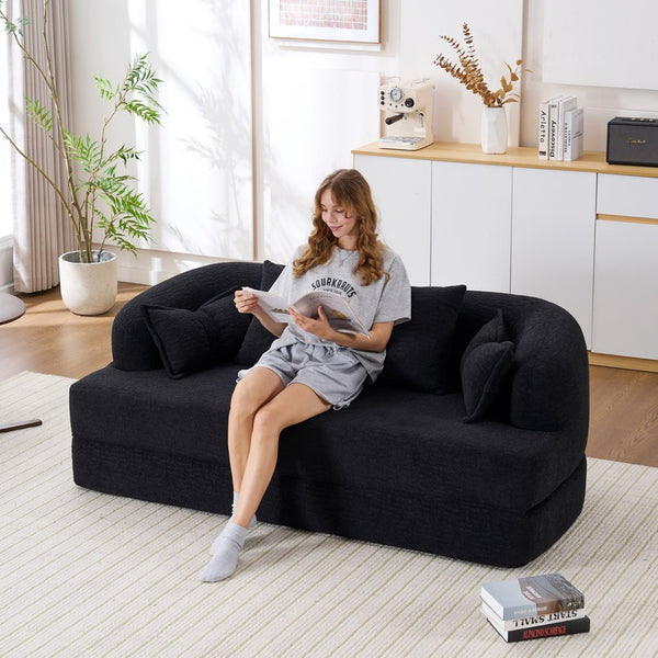 English Elm (old Sku W2231p392100) Chenille Sleeper Sofa Foldable Convertible Loveseat with Four Pillows Black W2231P466738