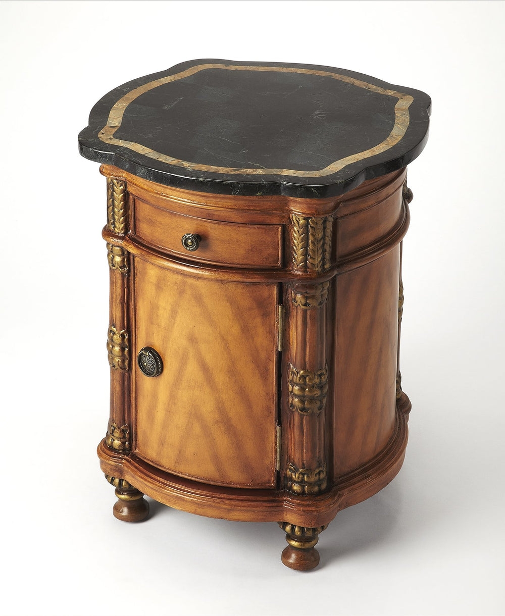 Butler Specialty Montero Round Fossil Stone And Wood Drum Side Table With Drawer And Door, Antique Brass Hardware Multi,Color Gemelina Wood Solids,Plywood,Resin,Fossil Stone Veneer 847070-butler