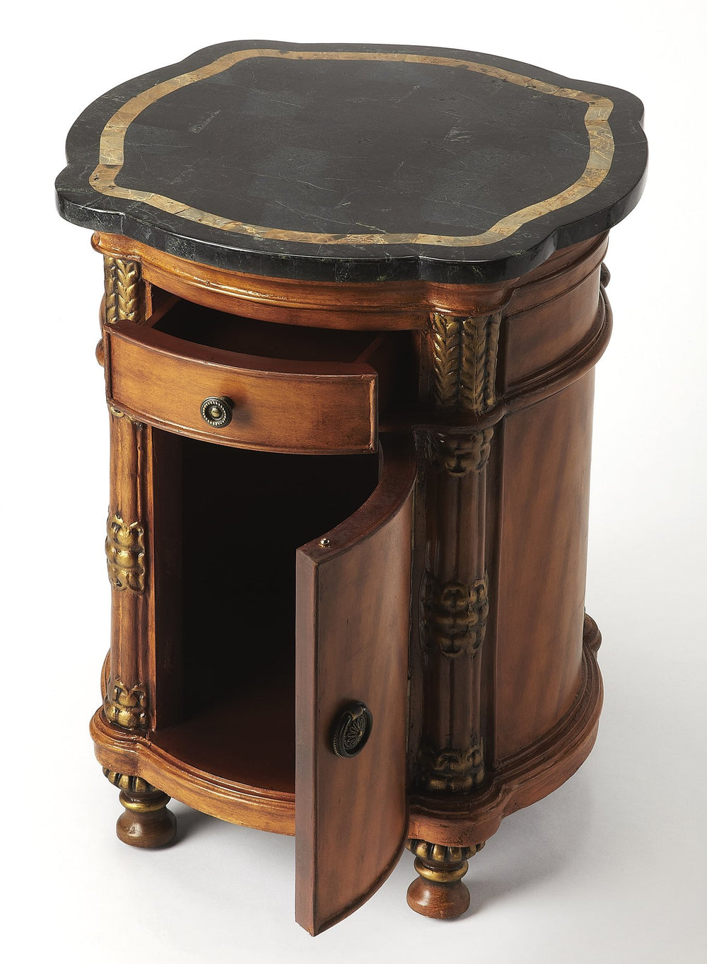 Butler Specialty Montero Round Fossil Stone And Wood Drum Side Table With Drawer And Door, Antique Brass Hardware Multi,Color Gemelina Wood Solids,Plywood,Resin,Fossil Stone Veneer 847070-butler