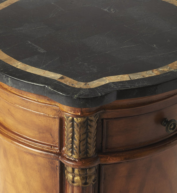 Butler Specialty Montero Round Fossil Stone And Wood Drum Side Table With Drawer And Door, Antique Brass Hardware Multi,Color Gemelina Wood Solids,Plywood,Resin,Fossil Stone Veneer 847070-butler