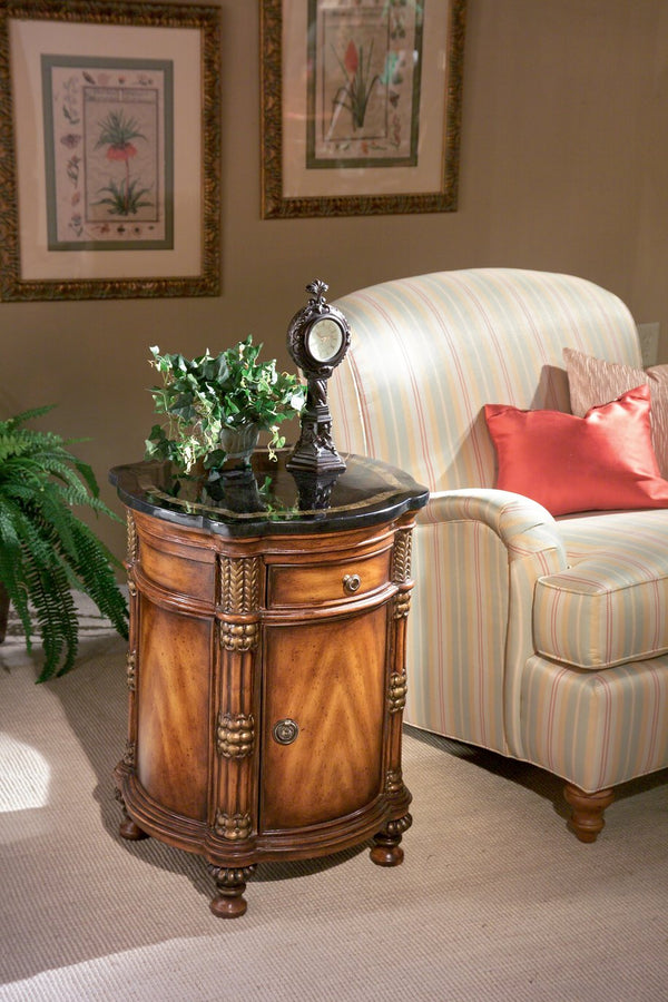 Butler Specialty Montero Round Fossil Stone And Wood Drum Side Table With Drawer And Door, Antique Brass Hardware Multi,Color Gemelina Wood Solids,Plywood,Resin,Fossil Stone Veneer 847070-butler