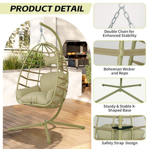 English Elm Egg Hanging Chair with Stand Pe Rattan Swing Seat Washable Cushion Patio Bedroom T5880P497435